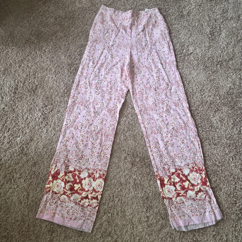 ZARA Linen Blend Paisley Floral Printed Pull On Wide Leg Trousers Size L